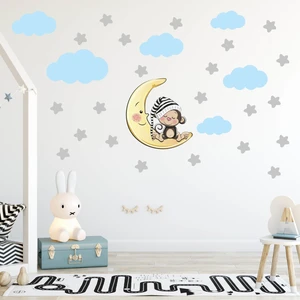 Tilki Dünyası Uyuyan Maymun Gri Yıldızlar ve Mavi Bulutlar Dekoratif Bebek Çocuk Odası Duvar Sticker