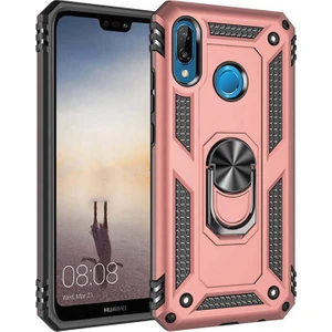 Tekno Grup Huawei P20 Lite Kılıf Yüzüklü Standlı Manyetik Vega Kapak - Rose + Cam Ekran Koruyucu