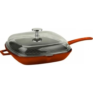 Grill Tava 26  x  26 cm Metal Saplı Cam Kapaklı Turuncu