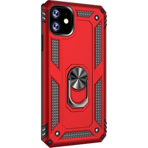 Case Street Apple iPhone 11 Kılıf Çift Katmanlı Yüzüklü Tank Vega Koruma + Nano Glass Kırmızı