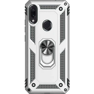 Case Street Xiaomi Redmi Note 7 Kılıf Çift Katmanlı Yüzüklü Tank Vega Koruma + Nano Glass Gümüş