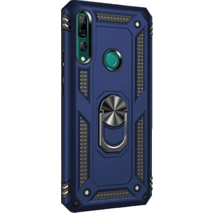 Case Street Huawei Y9 Prime 2019 Kılıf Çift Katmanlı Yüzüklü Tank Vega Koruma Kılıf+ Nano Glass Ekran Koruyucu Lacivert