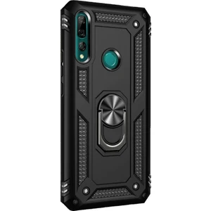 Case Street Huawei Y9 Prime 2019 Kılıf Çift Katmanlı Yüzüklü Tank Vega Koruma Kılıf+ Nano Glass Ekran Koruyucu Siyah