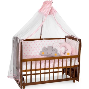 Ahşap Ceviz Renk Anne Yanı Beşik 3 Kademeli Sallanan Ahşap Beşik 60 x 120 cm - Pembe Yıldız Uyku Setli & Soft Yataklı