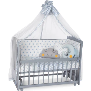 Ahşap Lake Gri Renk Anne Yanı Beşik 3 Kademeli Sallanan Ahşap Beşik 60 x 120 cm - Mavi Yıldız Uyku Setli & Soft Yataklı