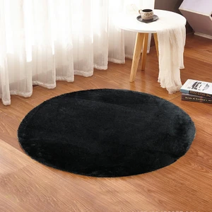 80 x 80-cm Yuvarlak Düz Renk Peluş Pofuduk Kaymaz Jel Taban Siyah Renk Halı