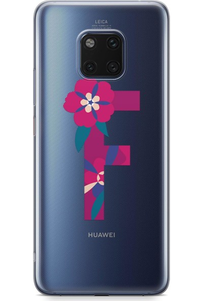 Lopard Huawei Mate 20 Pro Kılıf Silikon Arka Kapak Koruyucu F Harfi Çiçekli Desenli
