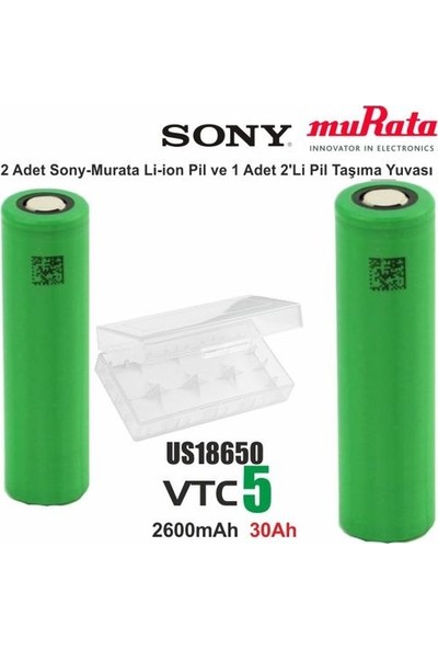 Sony-Murata Vtc5 18650 Li-Ion Şarjlı Pil / 2 Adet Pil + 1 Adet Pil Kutusu