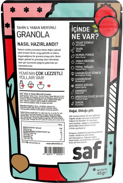 Saf Nutrition Tahinli & Yaban Mersinli Granola