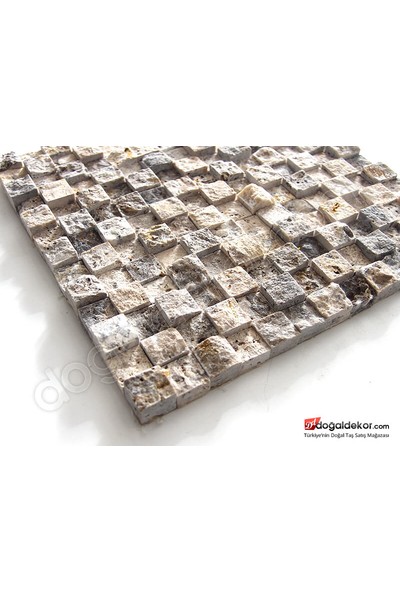 Doğal Dekor Kübik 3D 23 x 23 mm Silver Traverten Mermer Patlatma Doğal Taş Duvar Kaplama Fileli Mozaik