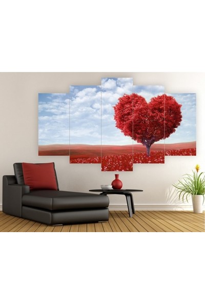 Dekorvia Kırmızı Kalp Ağaç - 5 Parçalı MDF Tablo 100 x 60 cm