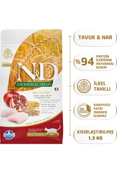 N & D Düşük Tahıllı Tavuk Ve Narlı Kısırlaştırılmış Yetişkin Kedi Maması 1,5 Kg