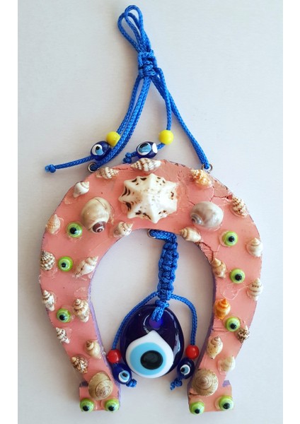 Deniz Kabuğu Süslemeli Mavi Boncuklu Ahşap Nal El Yapımı Nazarlık Duvar Süsü 13 cm