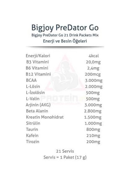 Bigjoy Sports Predator Preworkout Beta-Alanine L- Citrulline Tekli Mix Aroma 21 ad Sachet