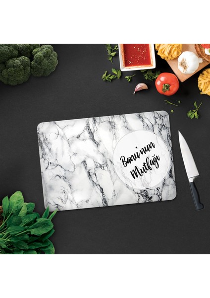 Kişiye Özel - Beyaz Mermer Görünümlü | Cam Kesme Tahtası - Cam Kesme Tablası | 20cm x 30cm fiyatları