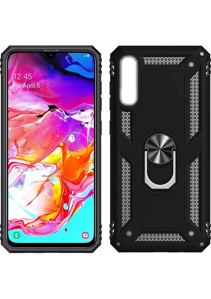 Samsung Galaxy A10 Kılıf Zırh Koruma Yüzüklü Standlı Armor Silikon Kapak + Ekran Koruma Siyah