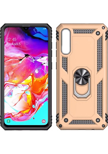 Samsung Galaxy A10 Kılıf Zırh Koruma Yüzüklü Standlı Armor Silikon Kapak + Ekran Koruma Gold