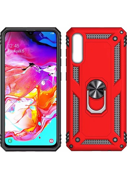 Samsung Galaxy A10 Kılıf Zırh Koruma Yüzüklü Standlı Armor Silikon Kapak + Ekran Koruma Kırmızı