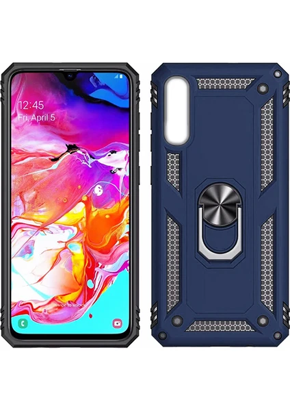 Samsung Galaxy A10 Kılıf Zırh Koruma Yüzüklü Standlı Armor Silikon Kapak + Ekran Koruma Mavi