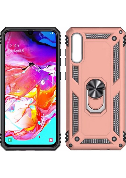 Samsung Galaxy A10 Kılıf Zırh Koruma Yüzüklü Standlı Armor Silikon Kapak + Ekran Koruma Rose Gold