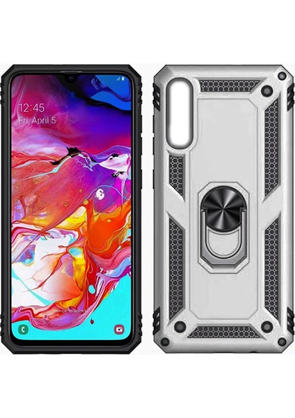 Samsung Galaxy A10 Kılıf Zırh Koruma Yüzüklü Standlı Armor Silikon Kapak + Ekran Koruma Gri