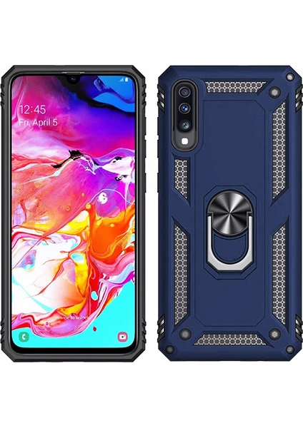 Samsung Galaxy A50 Kılıf Zırh Koruma Yüzüklü Standlı Armor Silikon Kapak + Ekran Koruma Mavi