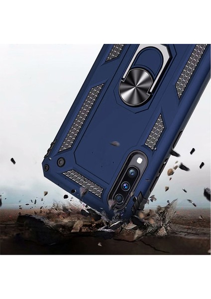 Samsung Galaxy A50 Kılıf Zırh Koruma Yüzüklü Standlı Armor Silikon Kapak + Ekran Koruma Mavi