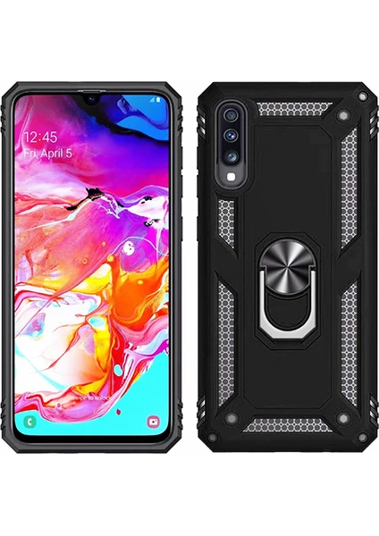 Samsung Galaxy A70 Kılıf Zırh Koruma Yüzüklü Standlı Armor Silikon Kapak + Ekran Koruma Siyah