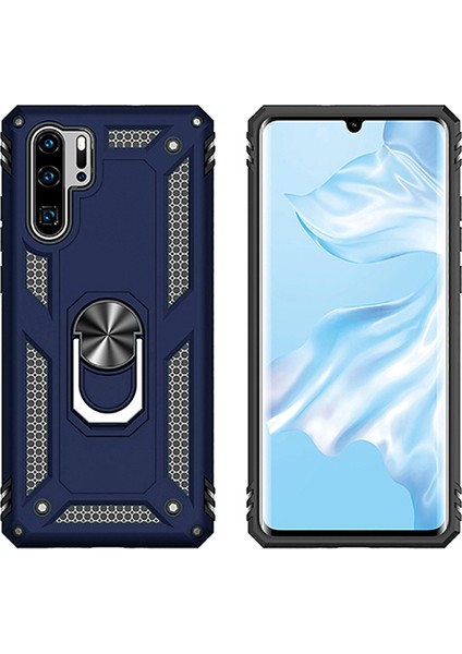 P30 Pro Kılıf Zırh Koruma Yüzüklü Standlı Armor Silikon Kapak Mavi