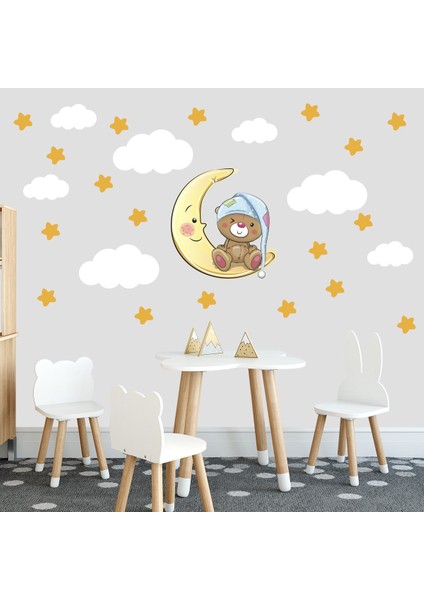 Sevimli Ayıcık Sarı Yıldızlar ve Beyaz Bulutlar Dekoratif Bebek Çocuk Odası Duvar Sticker