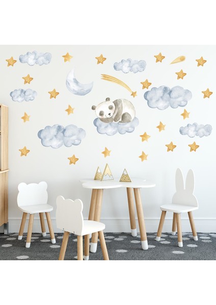 Bulut Üzerinde Uyuyan Panda Yıldızlar Mavi Bulutlar Çocuk Odası Sticker
