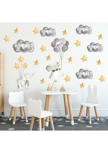 Sevimli Filler Sarı Yıldızlar Gri Bulutlar Çocuk Odası Sticker
