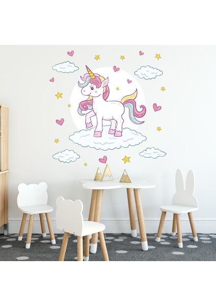 Bulut Üzerinde Unicorn Kalpler yıldızlar Çocuk Odası Sticker
