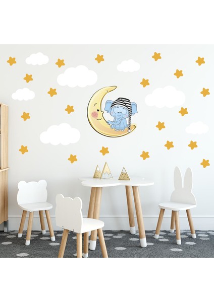 Uyuyan Fil Yıldızlar ve Beyaz Bulutlar Dekoratif Bebek Çocuk Odası Duvar Sticker