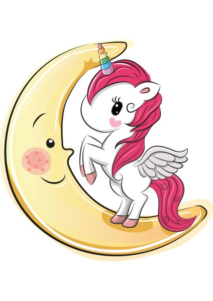 Sevimli Unicorn Sarı Yıldızlar ve Fuşya ve Beyaz Bulutlar Sticker indirimleri