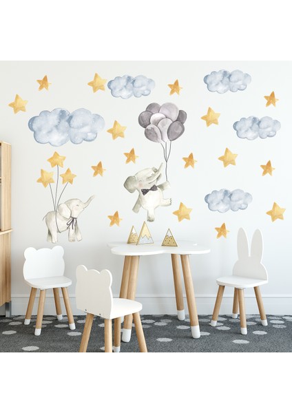 Sevimli Filler Sarı Yıldızlar Mavi Bulutlar Çocuk Odası Sticker