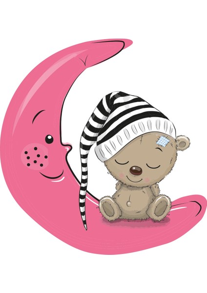 Uyuyan Ayıcık Fuşya Yıldızlar ve Beyaz Bulutlar Dekoratif Bebek Çocuk Odası Duvar Sticker fırsatları