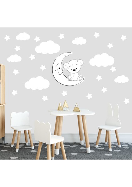 Sevimli Beyaz Ayıcık Beyaz Yıldızlar ve Bulutlar Dekoratif Bebek Çocuk Odası Duvar Sticker