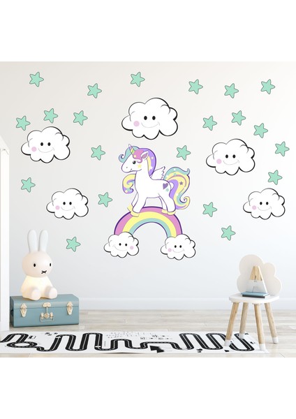 Şirin Bulutlar Unicorn ve Yıldızlar Çocuk Odası Sticker