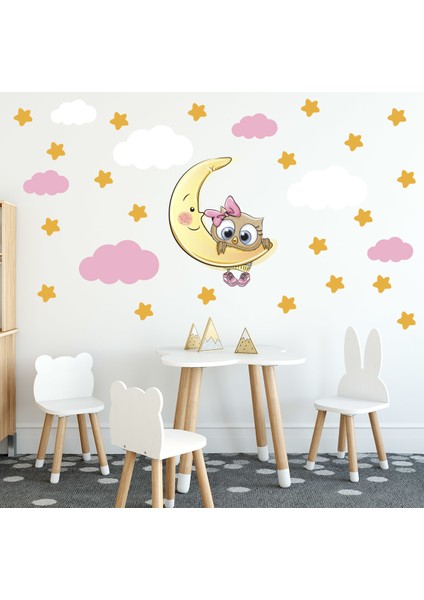 Sarkan Baykuş Sarı Yıldızlar ve Pembe ve Beyaz Bulutlar Dekoratif Bebek Çocuk Odası Duvar Sticker