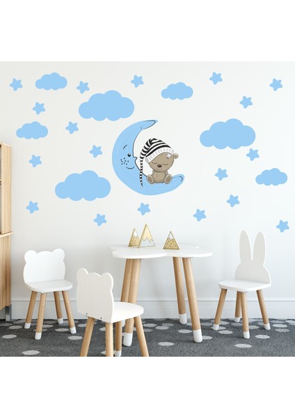 Sevimli Ayıcık Mavi Yıldızlar ve Bulutlar Dekoratif Bebek Çocuk Odası Duvar Sticker