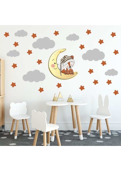 Uyuyan Tilki Turuncu Yıldızlar Gri Bulutlar Çocuk Odası Sticker