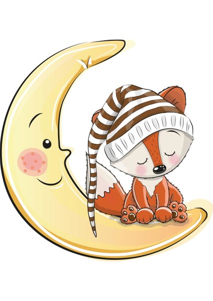 Uyuyan Tilki Turuncu Yıldızlar Gri Bulutlar Çocuk Odası Sticker