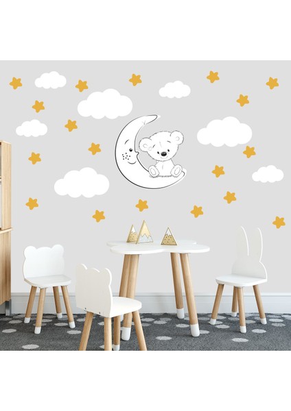 Sevimli Beyaz Ayıcık Sarı Yıldızlar ve Bulutlar Dekoratif Bebek Çocuk Odası Duvar Sticker