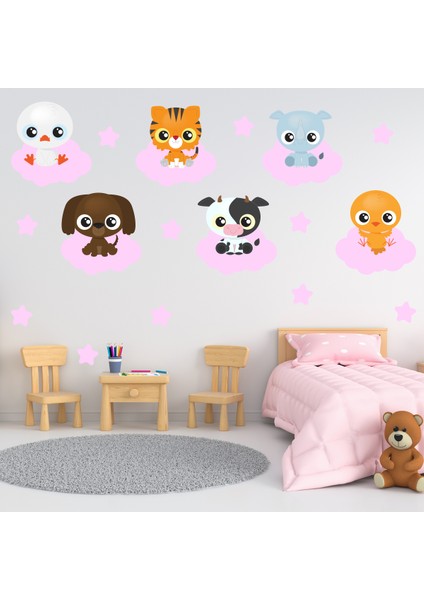 Sevimli Hayvanlar Pembe Bulutlar ve Pembe Yıldızlar Çocuk Odası Duvar Sticker Seti