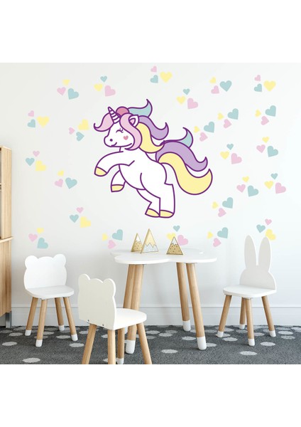 Unicorn ve Renkli Kalpler Bebek ve Çocuk Odası Duvar Sticker