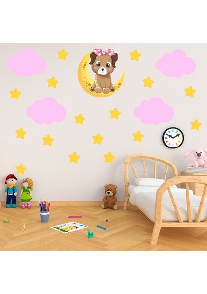 Tatlı Köpekcik Mavi Bulutlar ve Sarı Yıldızlar Çocuk Odası Duvar Sticker Seti