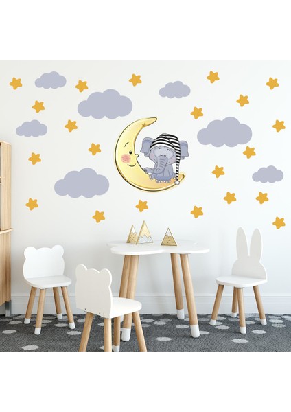 Uyuyan Fil Yıldızlar ve Bulutlar Dekoratif Bebek Çocuk Odası Duvar Sticker