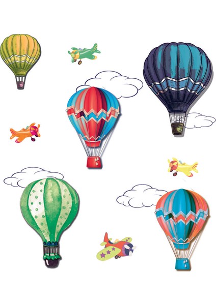 Renkli Uçan Balonlar Beyaz Bulutlar Uçak Dekoratif Sticker