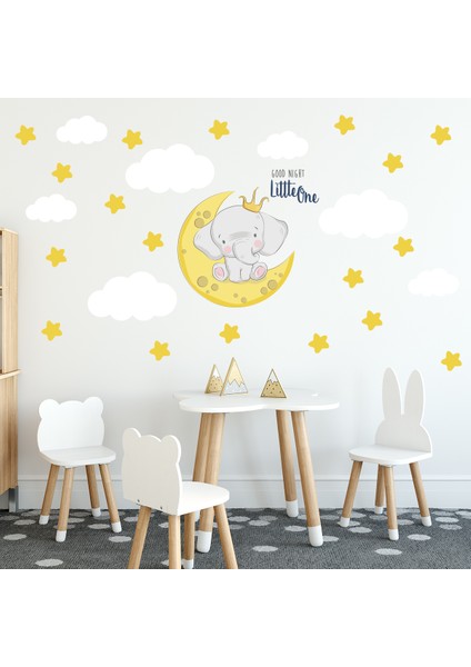 Ay Üzerinde Fil ve Good Night Yazısı Konsept Çocuk Odası Sticker